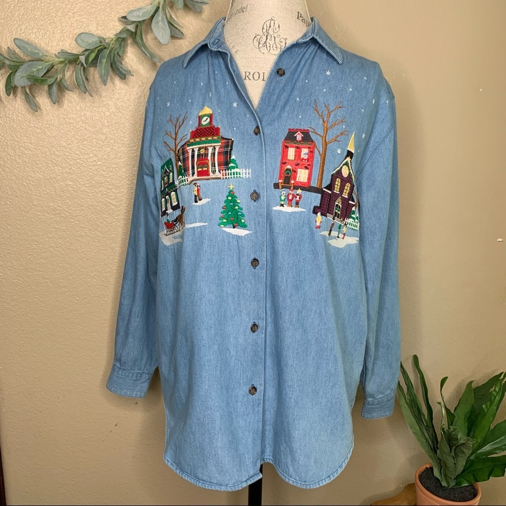 Karen Scott ~ Chambray Embroidered Christmas Long Sleeve Button Down Size PL